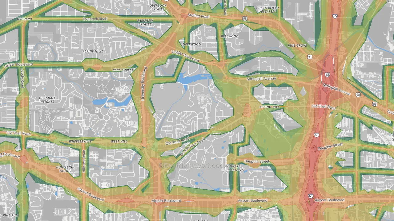 Parkhill, Mobile, AL Map of Noise Levels in Parkhill