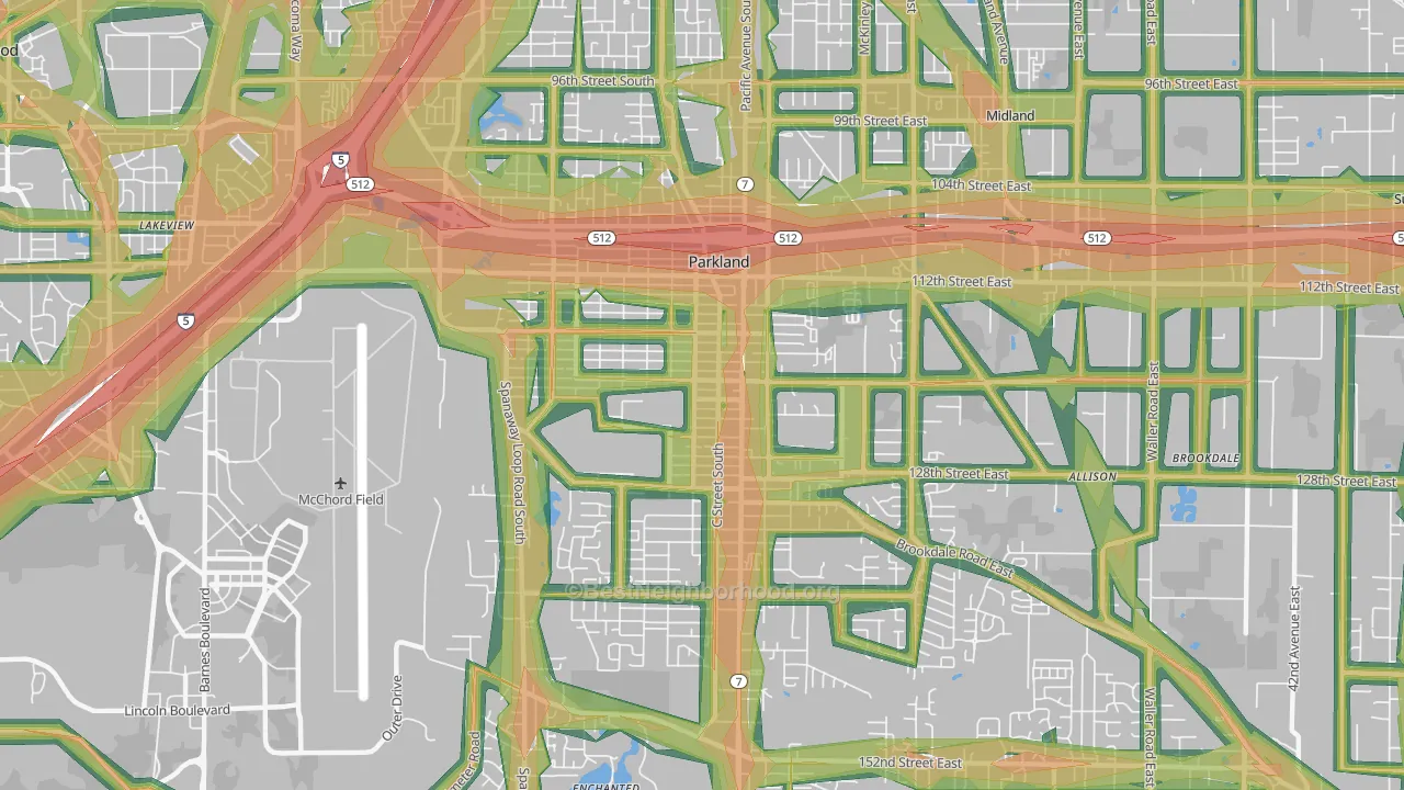 Parkland, WA Map of Noise Levels in Parkland