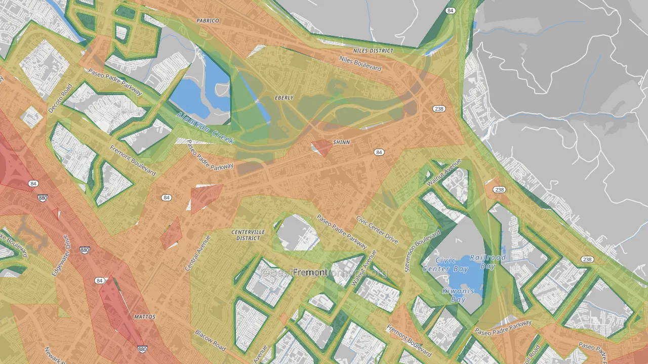 Parkmont, Fremont, CA Map of Noise Levels in Parkmont