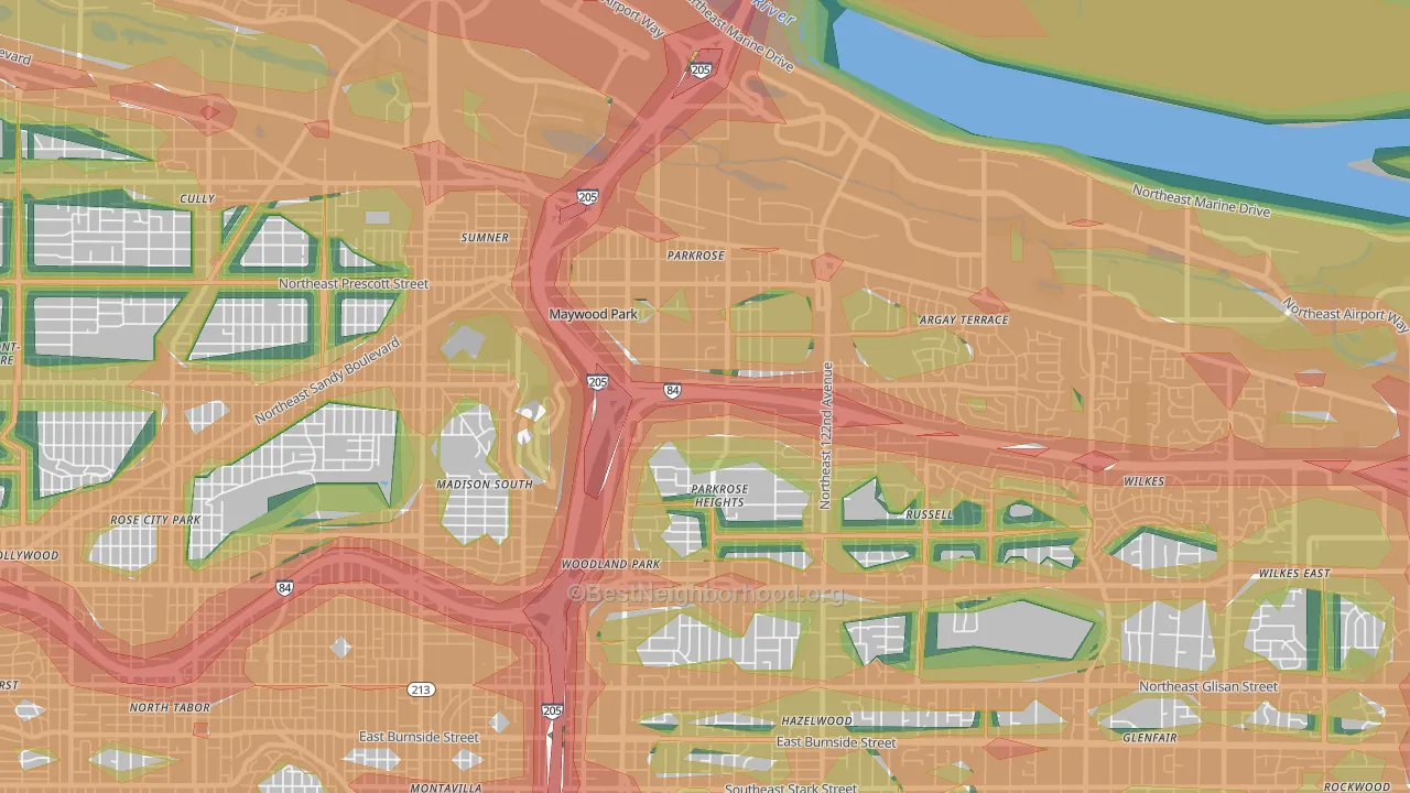 Parkrose, Portland, OR Map of Noise Levels in Parkrose