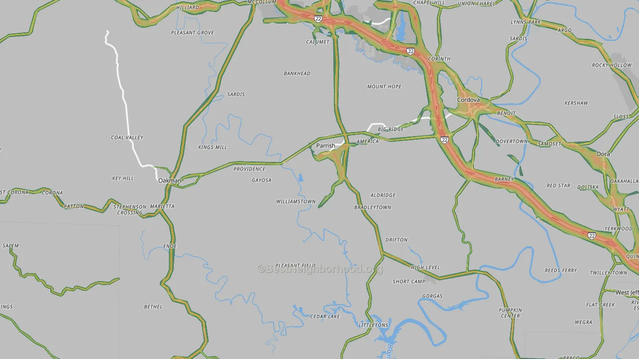 Parrish, AL Map of Noise Levels in Parrish