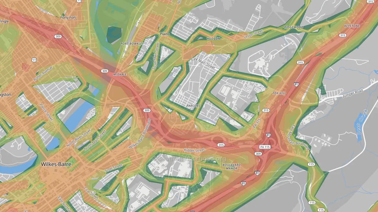 Parsons, Wilkes-Barre, PA Map of Noise Levels in Parsons