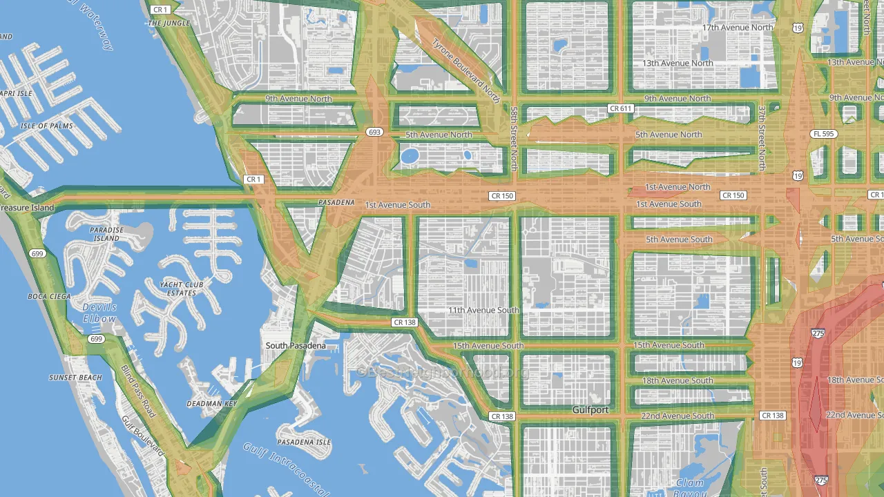 Pasadena Bear Creek Estates, St. Petersburg, FL Map of Noise Levels in Pasadena Bear Creek Estates