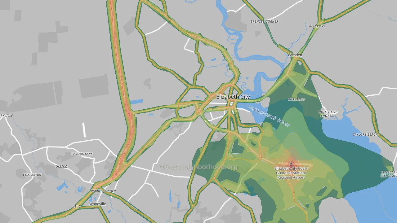 Pasquotank County, NC Map of Noise Levels in Pasquotank County