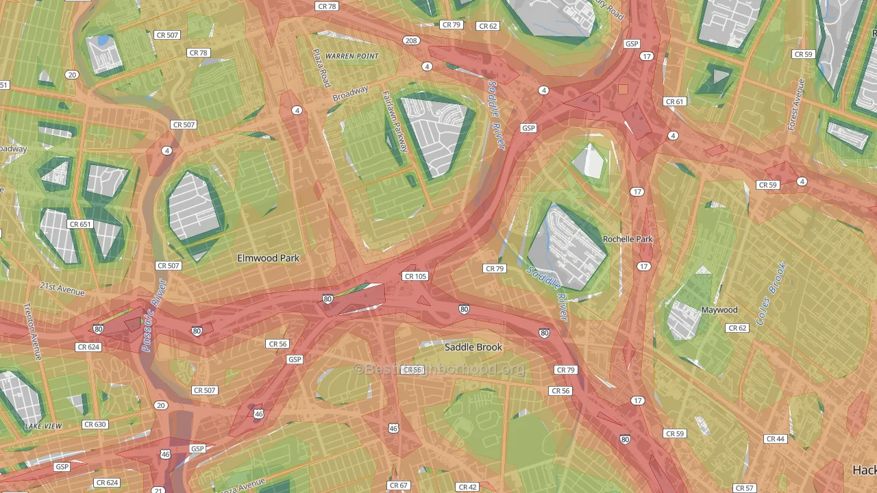 Passaic Junction, Saddle Brook, NJ Map of Noise Levels in Passaic Junction
