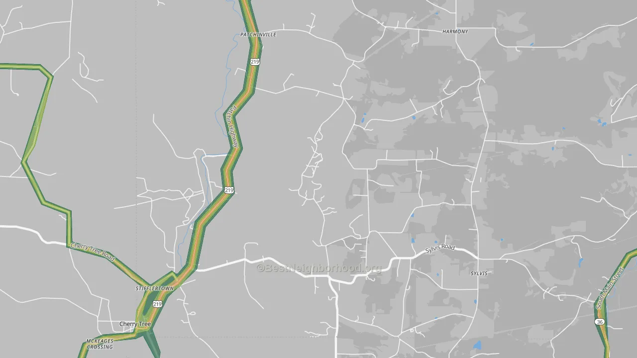 Patchinville, PA Map of Noise Levels in Patchinville