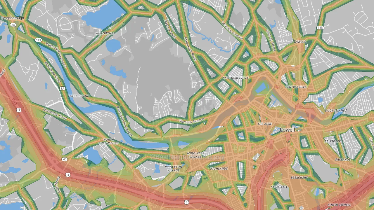 Pawtucketville, Lowell, MA Map of Noise Levels in Pawtucketville