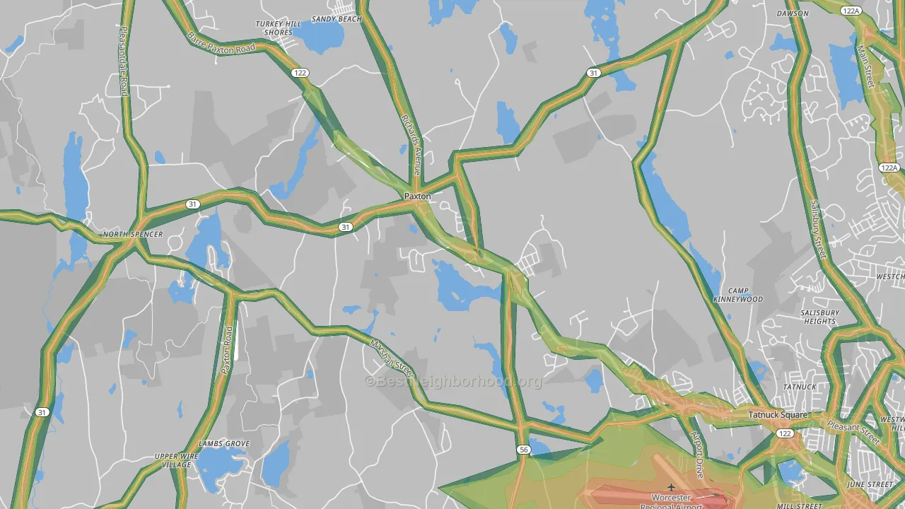Paxton, MA Map of Noise Levels in Paxton