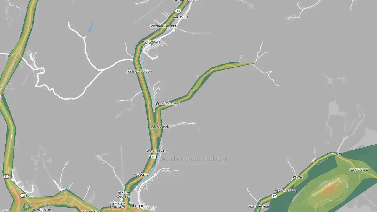 Peach Creek, WV Map of Noise Levels in Peach Creek