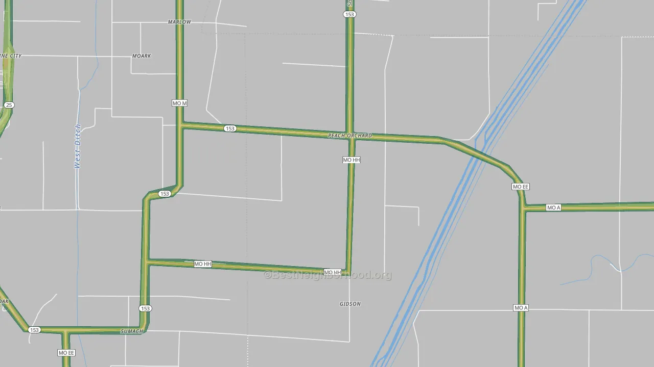Peach Orchard, MO Map of Noise Levels in Peach Orchard