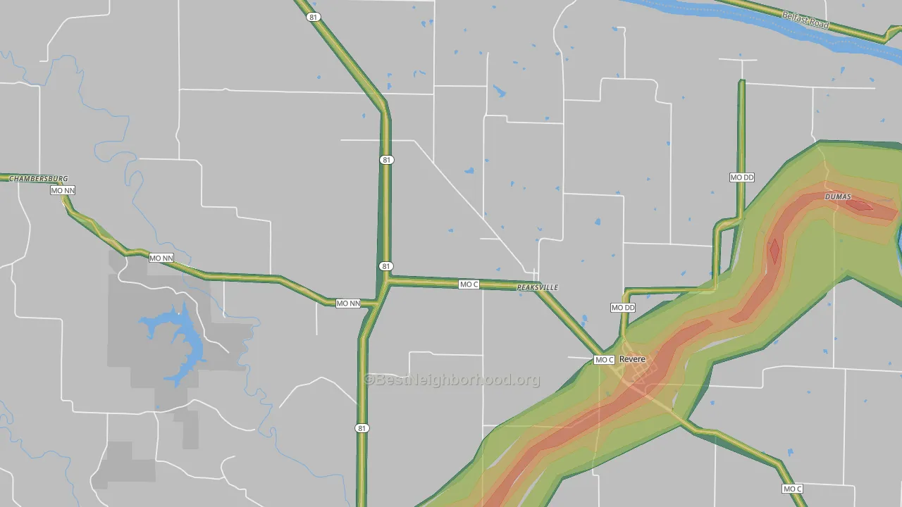 Peaksville, MO Map of Noise Levels in Peaksville