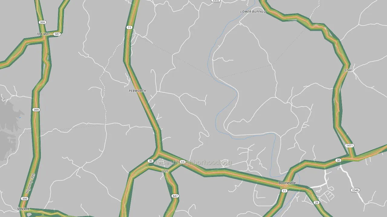 Pebworth, KY Map of Noise Levels in Pebworth
