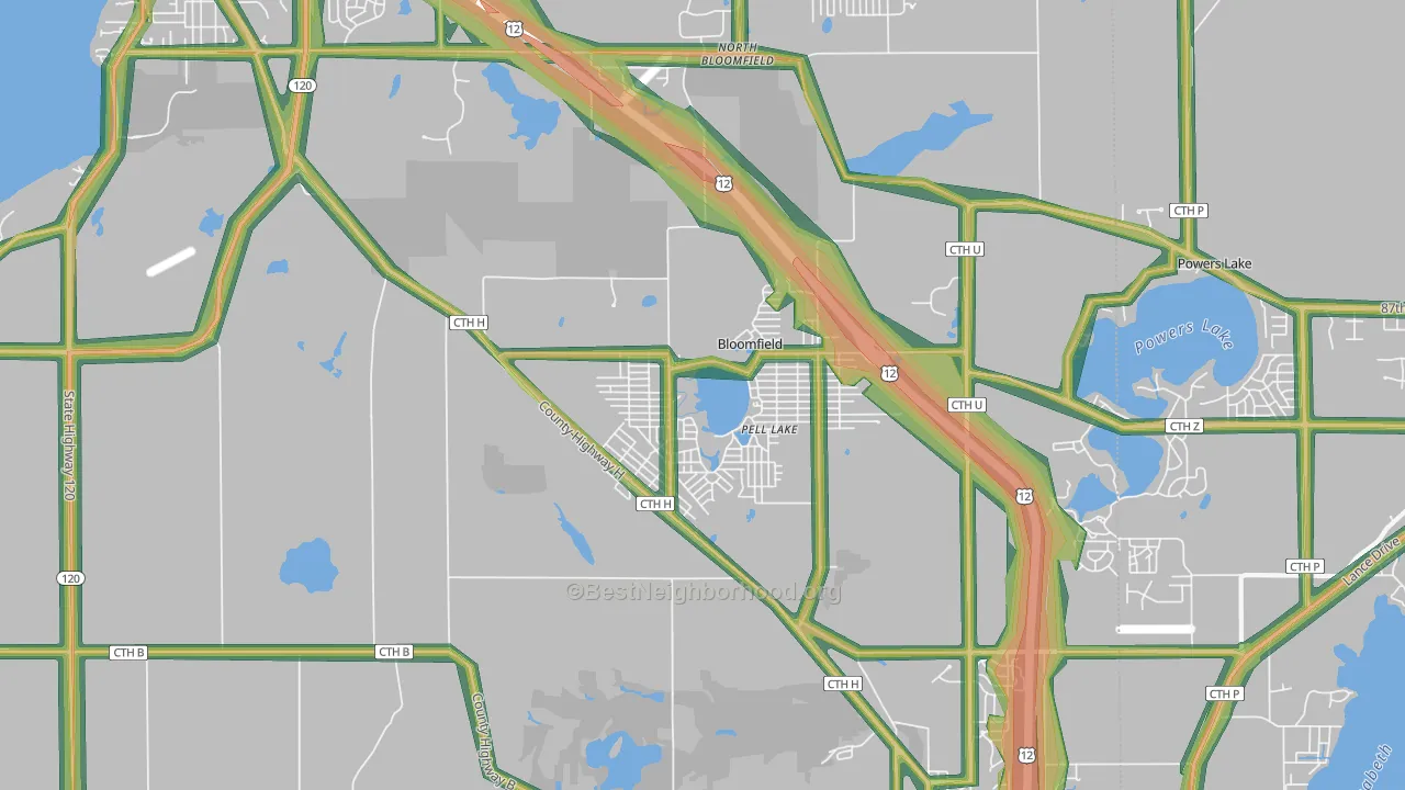 Pell Lake, WI Map of Noise Levels in Pell Lake
