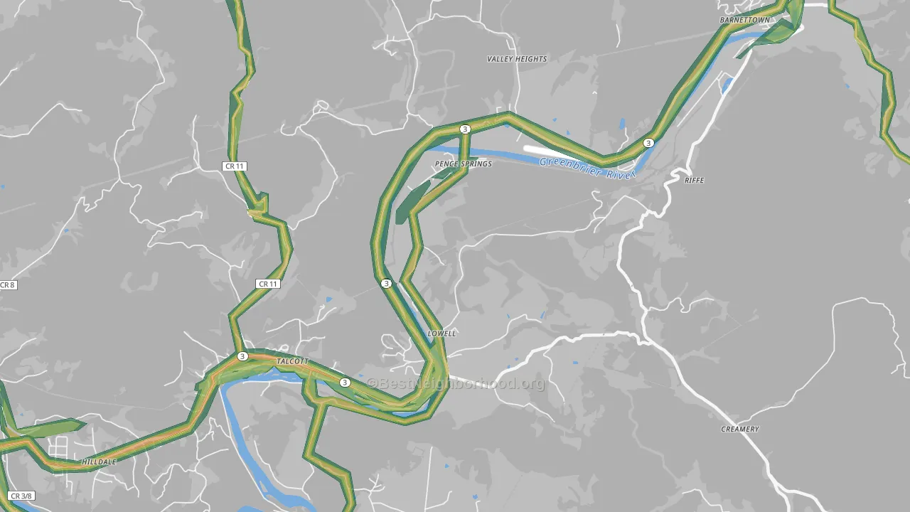 Pence Springs, WV Map of Noise Levels in Pence Springs