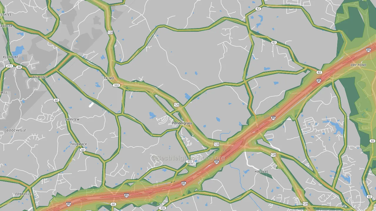 Pendergrass, GA Map of Noise Levels in Pendergrass