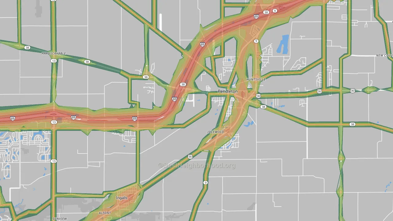 Pendleton, IN Map of Noise Levels in Pendleton