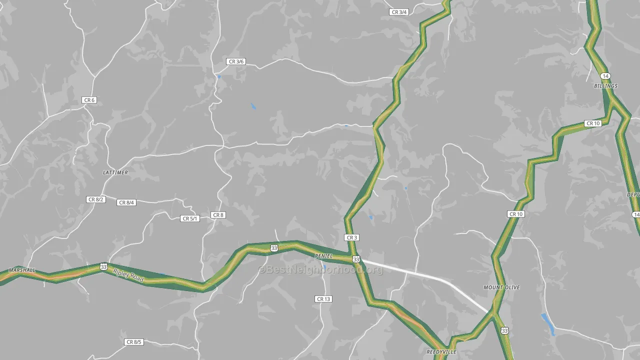 Peniel, WV Map of Noise Levels in Peniel