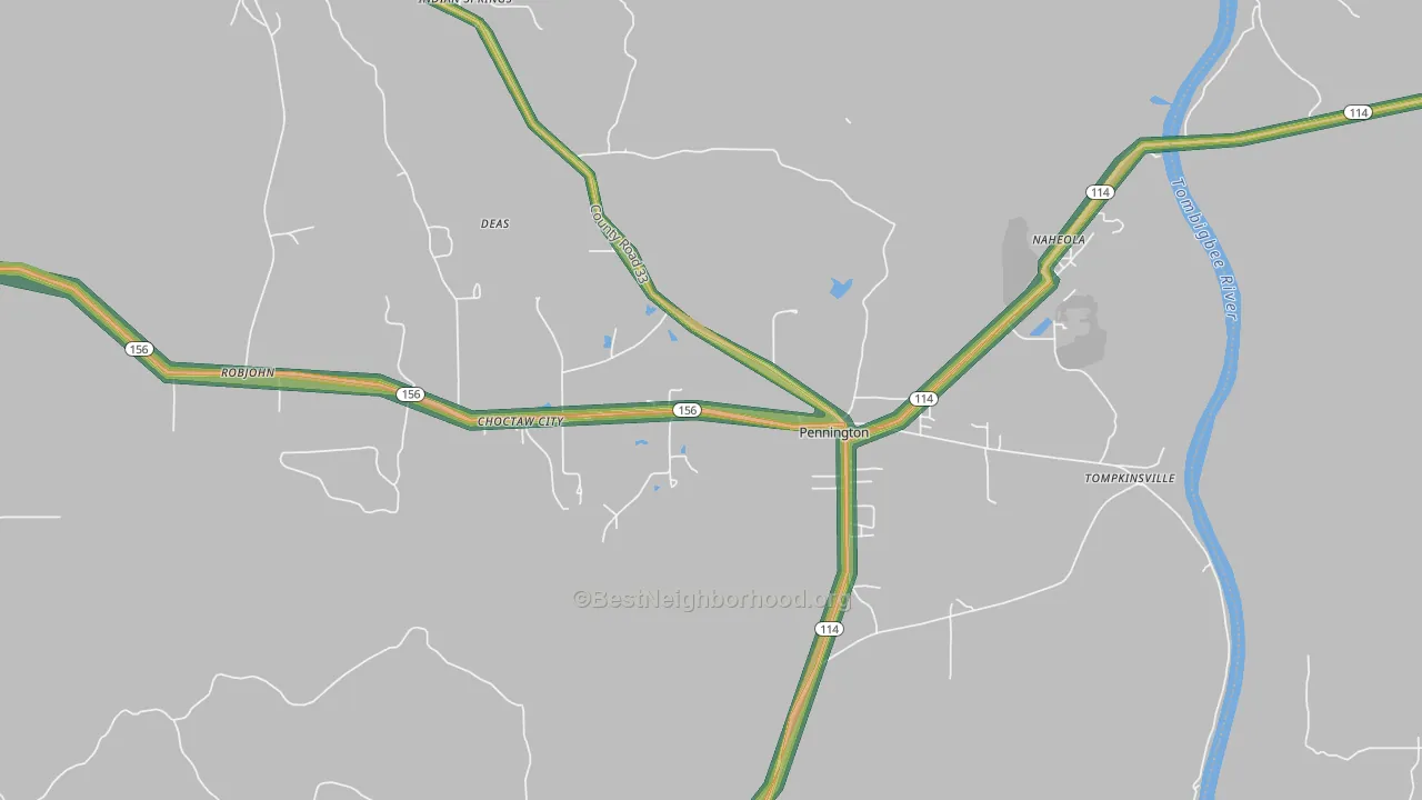 Pennington, AL Map of Noise Levels in Pennington