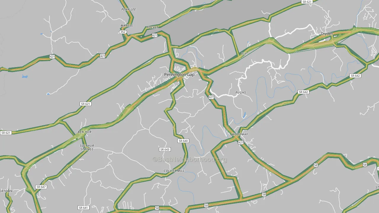 Pennington Gap, VA Map of Noise Levels in Pennington Gap