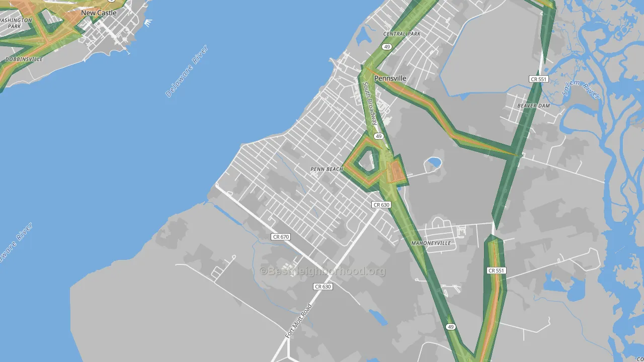 Penns Beach, Pennsville, NJ Map of Noise Levels in Penns Beach