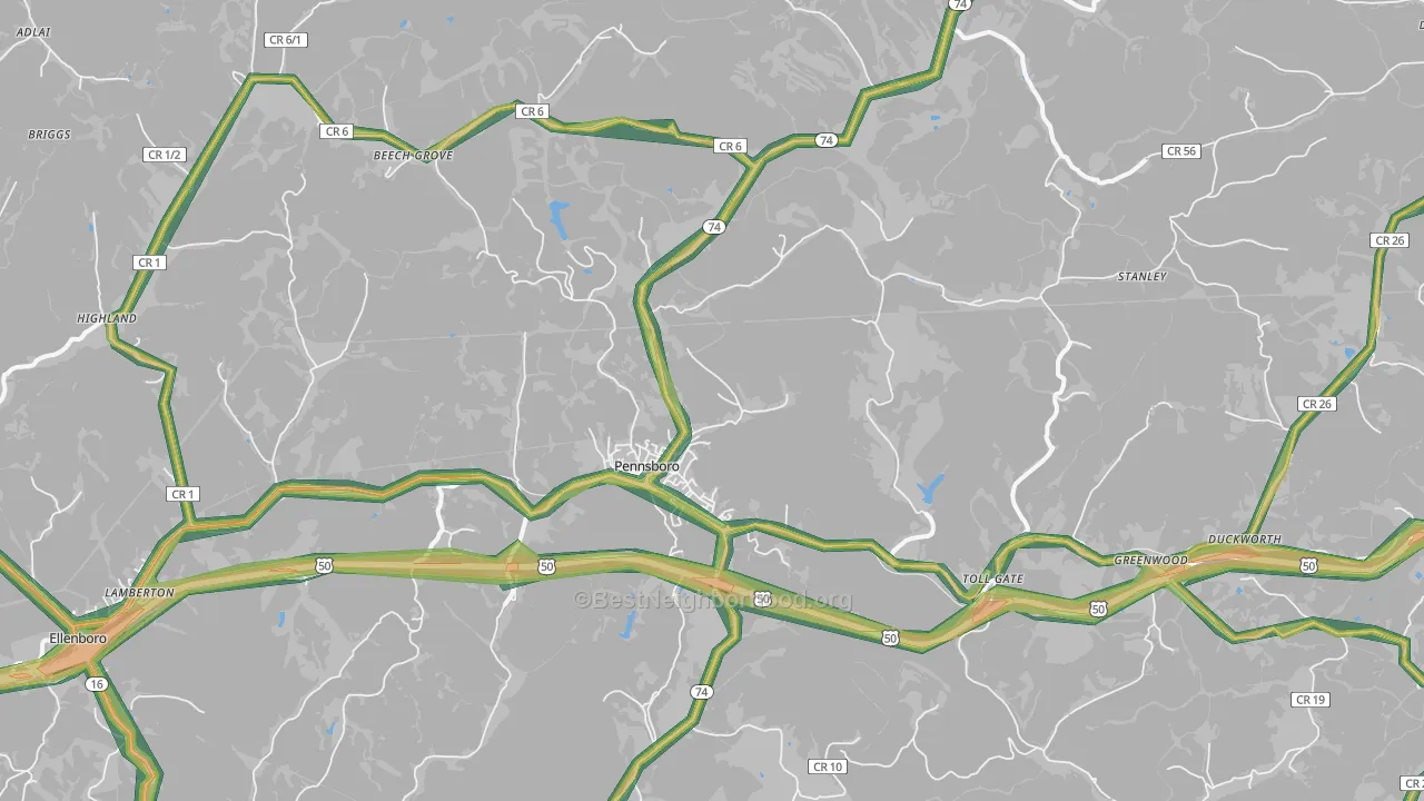 Pennsboro, WV Map of Noise Levels in Pennsboro