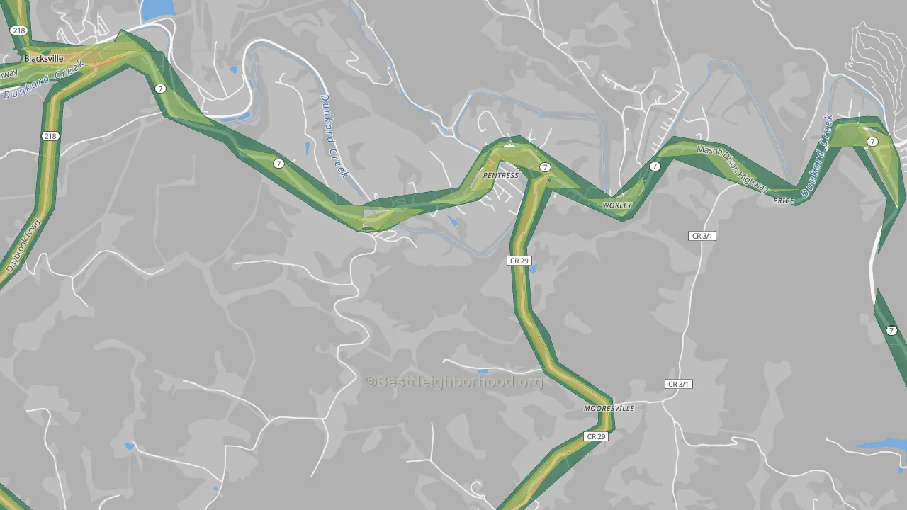 Pentress, WV Map of Noise Levels in Pentress