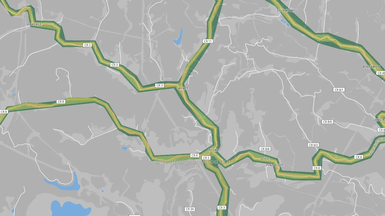 Peora, WV Map of Noise Levels in Peora