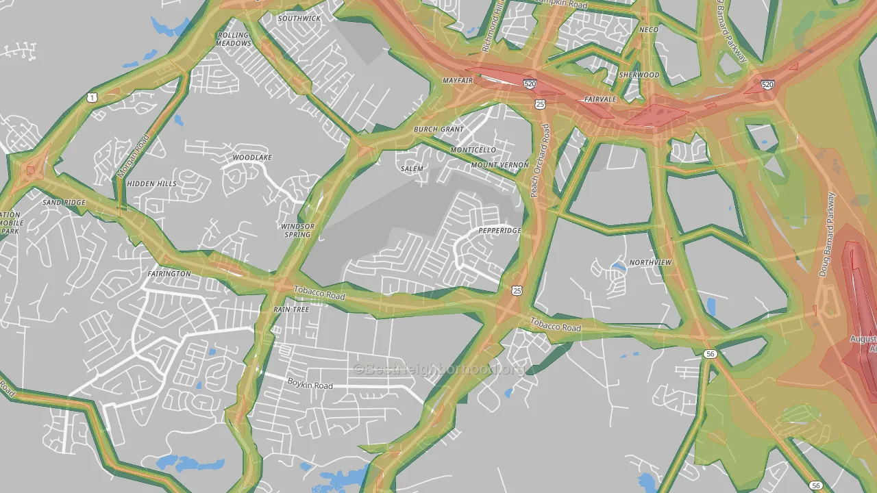 Pepperidge, Augusta, GA Map of Noise Levels in Pepperidge