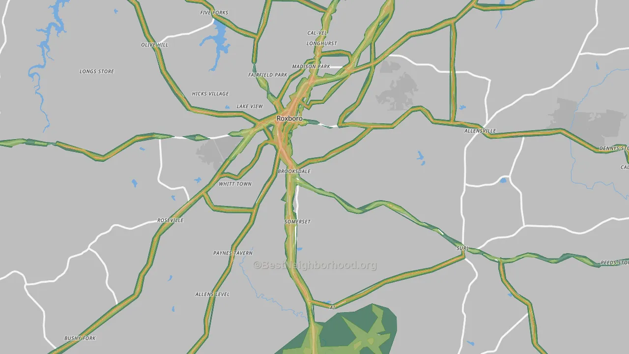 Person County, NC Map of Noise Levels in Person County