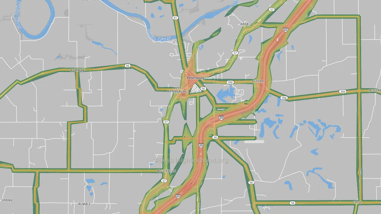 Petersburg, IN Map of Noise Levels in Petersburg