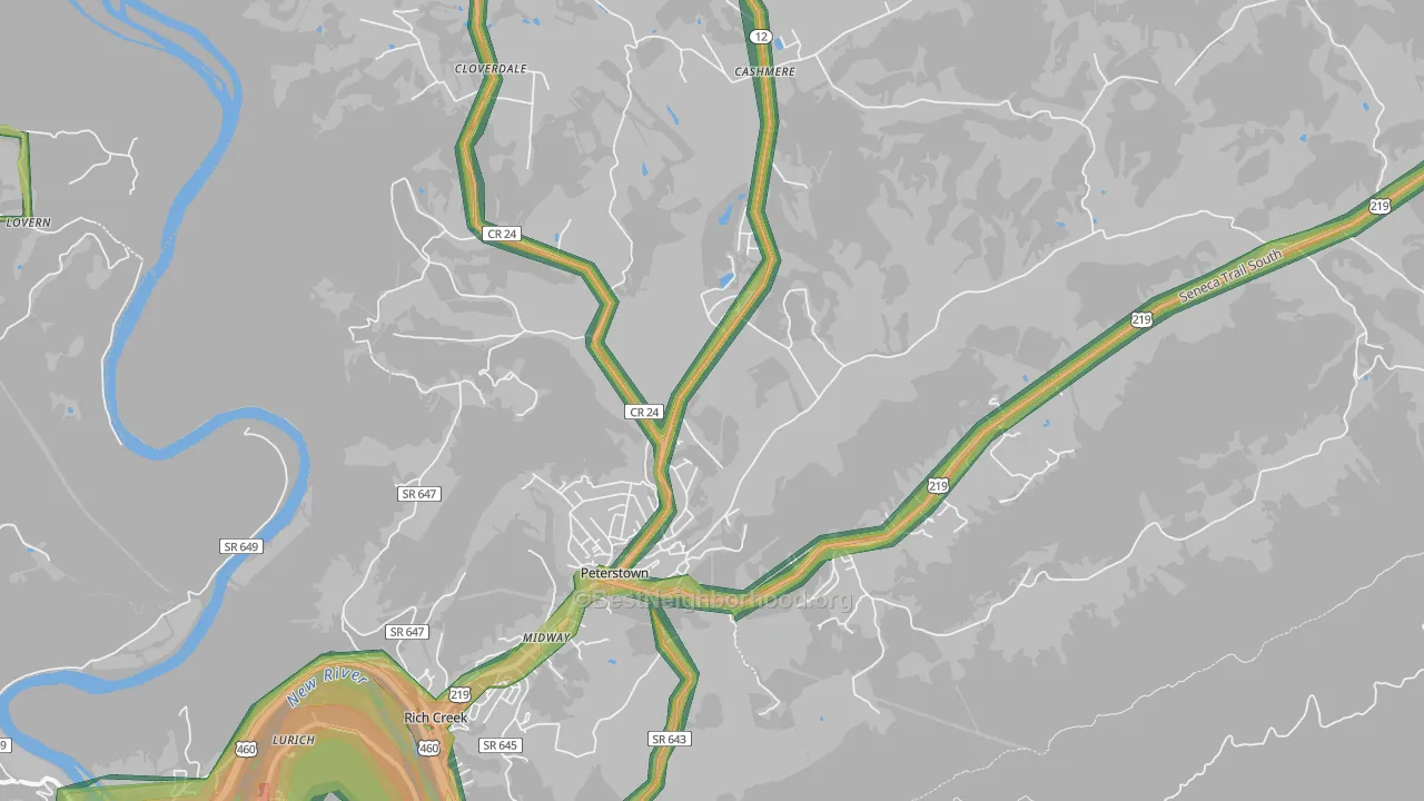 Peterstown, WV Map of Noise Levels in Peterstown