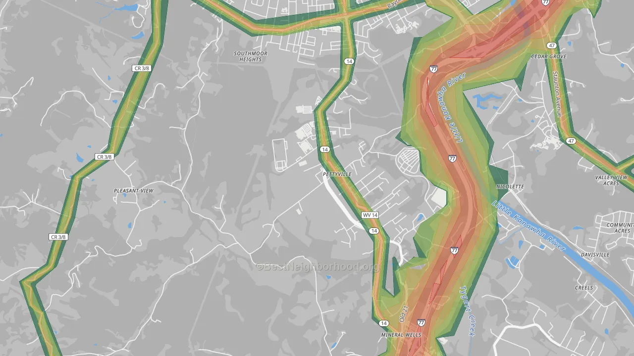 Pettyville, WV Map of Noise Levels in Pettyville