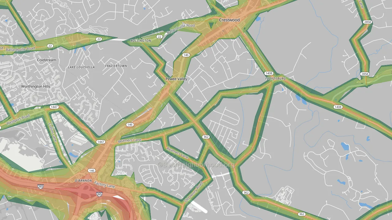 Pewee Valley, KY Map of Noise Levels in Pewee Valley