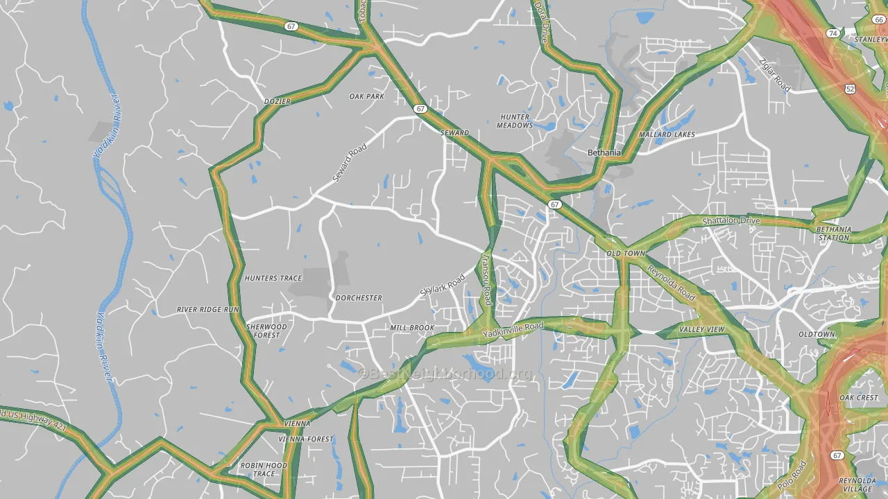 Pfafftown, NC Map of Noise Levels in Pfafftown