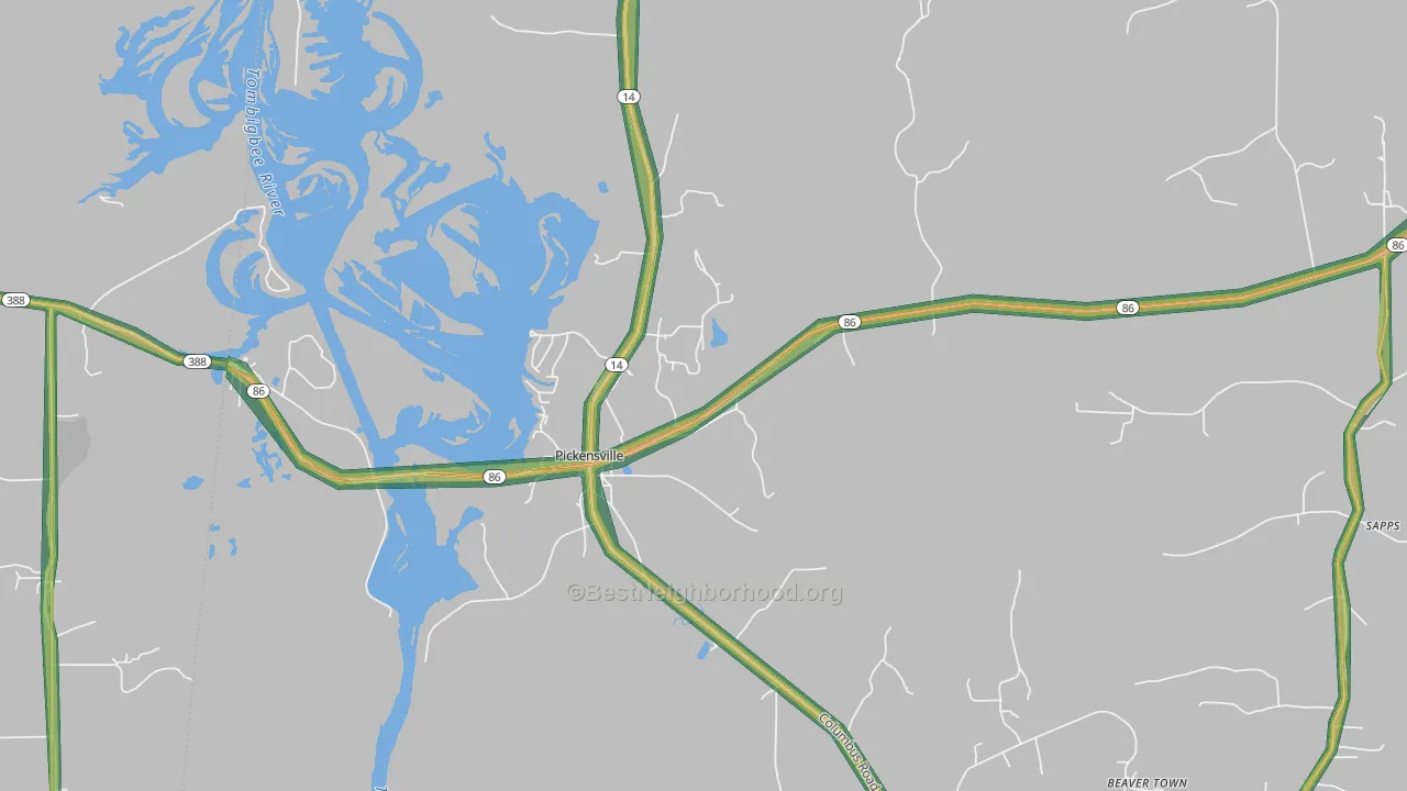 Pickensville, AL Map of Noise Levels in Pickensville
