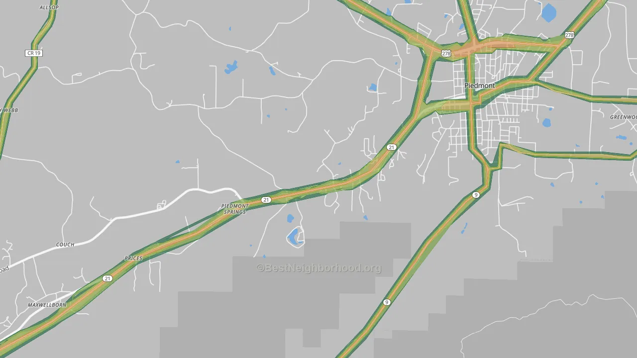 Piedmont Springs, AL Map of Noise Levels in Piedmont Springs