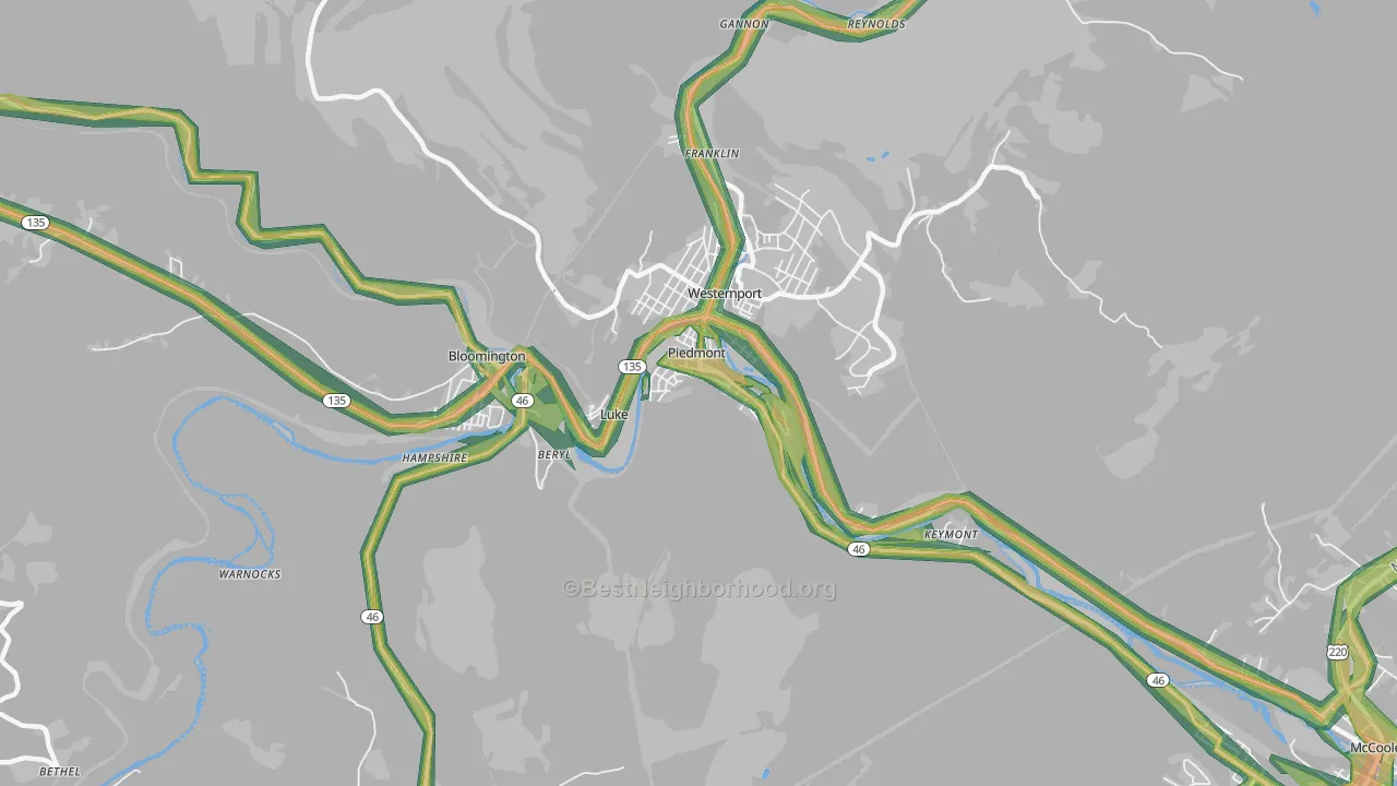 Piedmont, WV Map of Noise Levels in Piedmont