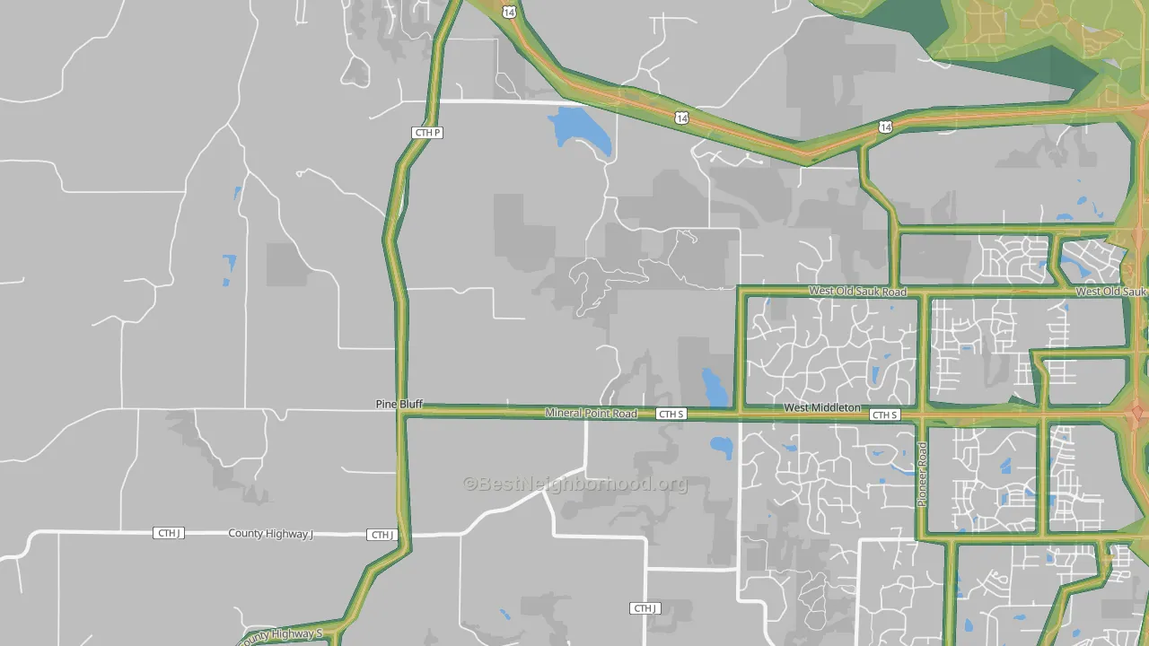 Pine Bluff, WI Map of Noise Levels in Pine Bluff