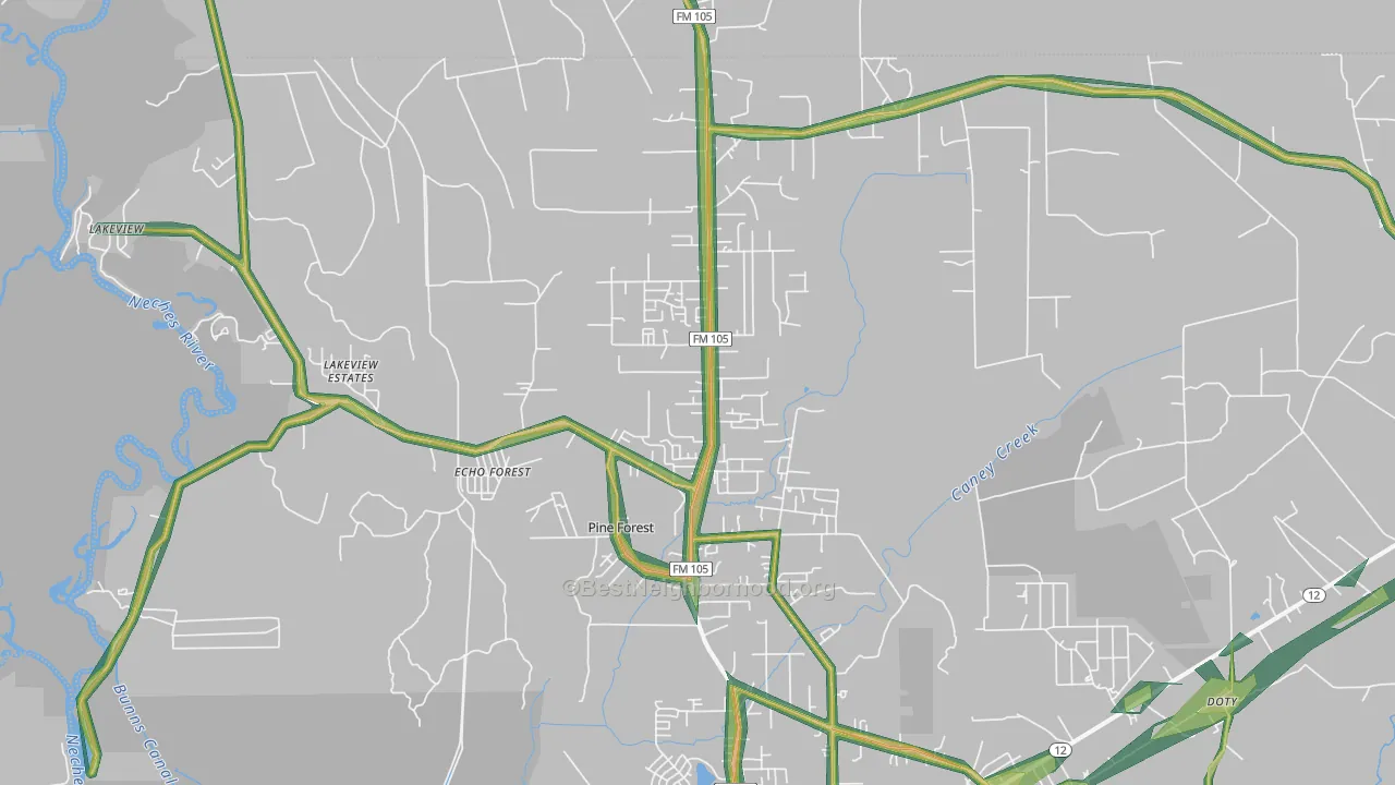 Pine Forest, TX Map of Noise Levels in Pine Forest
