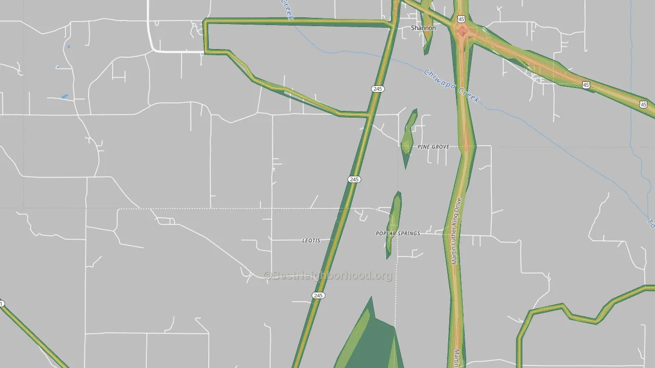 Pine Grove, MS Map of Noise Levels in Pine Grove