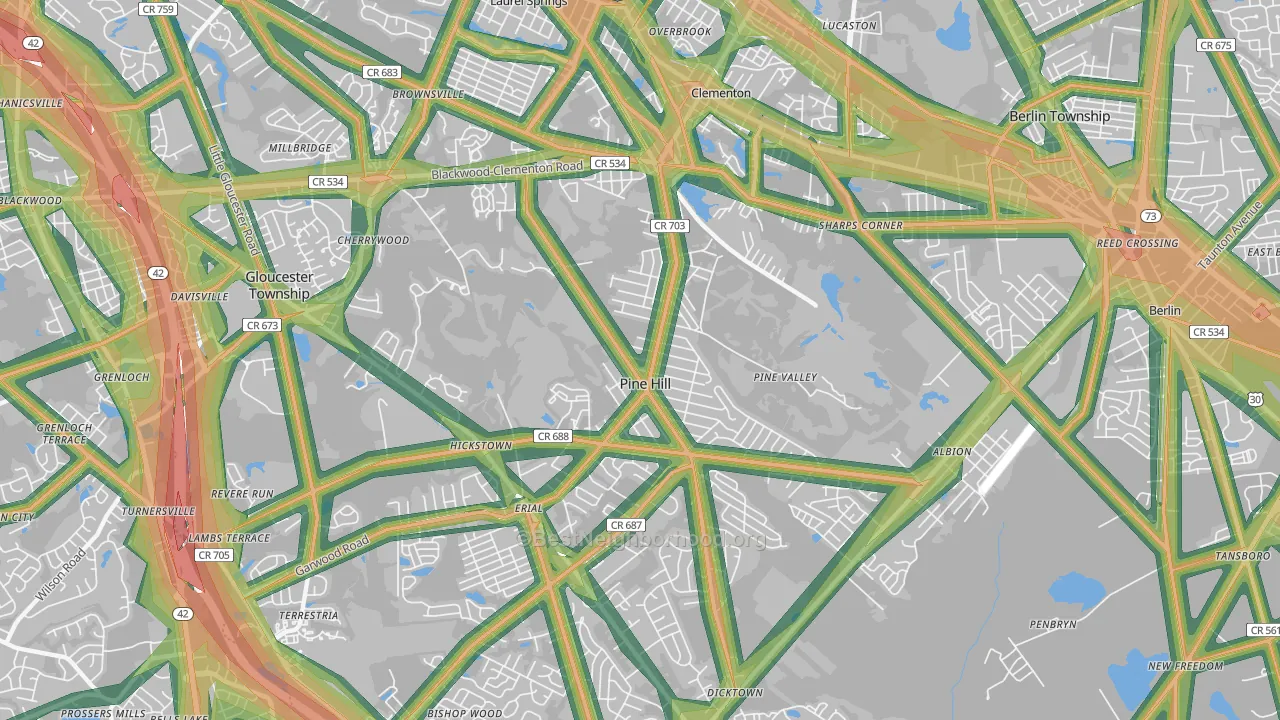 Pine Hill, NJ Map of Noise Levels in Pine Hill