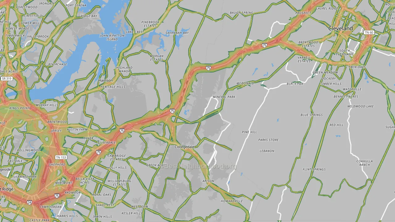 Pine Hill, TN Map of Noise Levels in Pine Hill