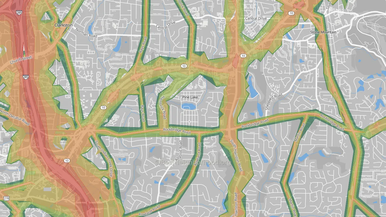 Pine Lake, GA Map of Noise Levels in Pine Lake