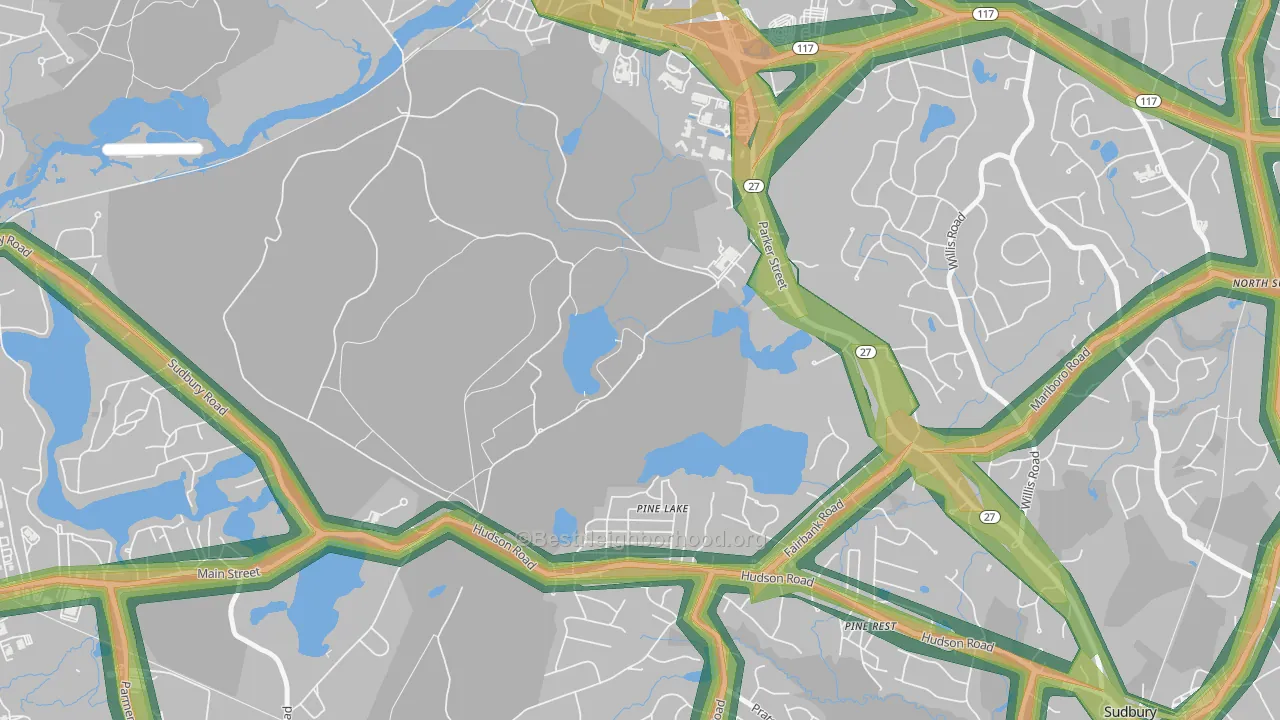Pine Lake, MA Map of Noise Levels in Pine Lake