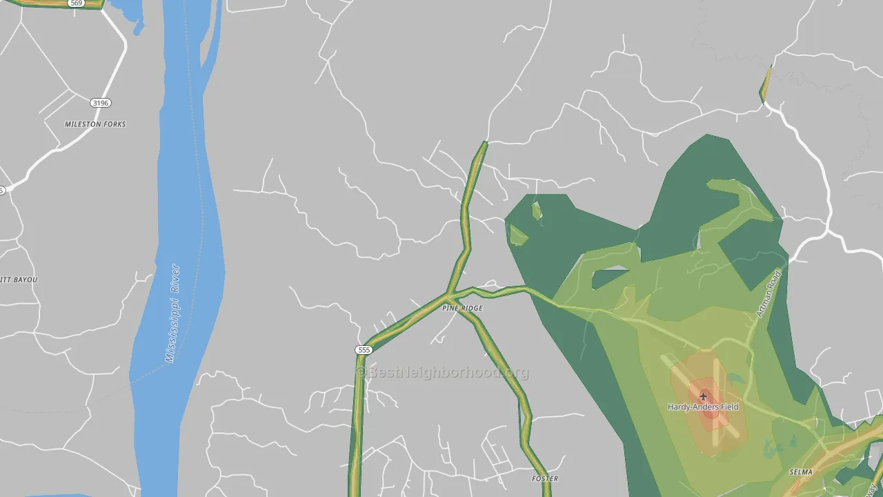 Pine Ridge, MS Map of Noise Levels in Pine Ridge