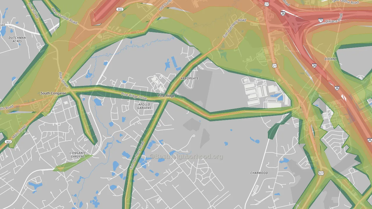 Pine Ridge, SC Map of Noise Levels in Pine Ridge