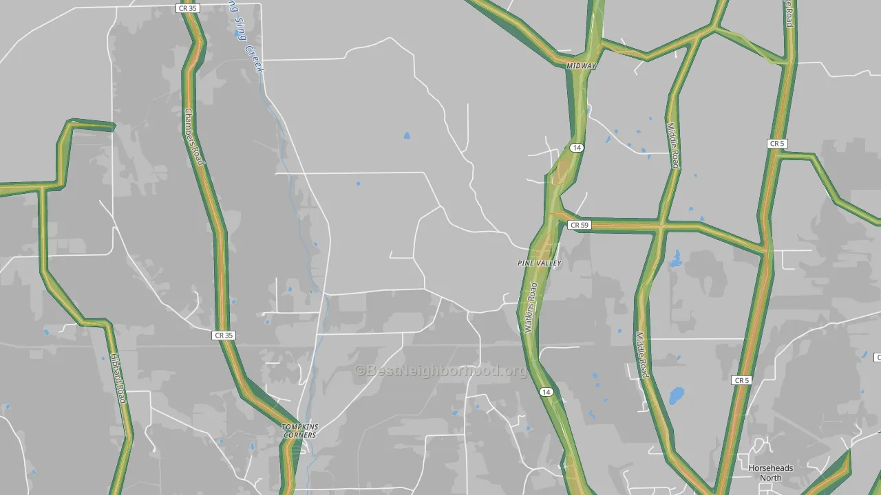 Pine Valley, NY Map of Noise Levels in Pine Valley