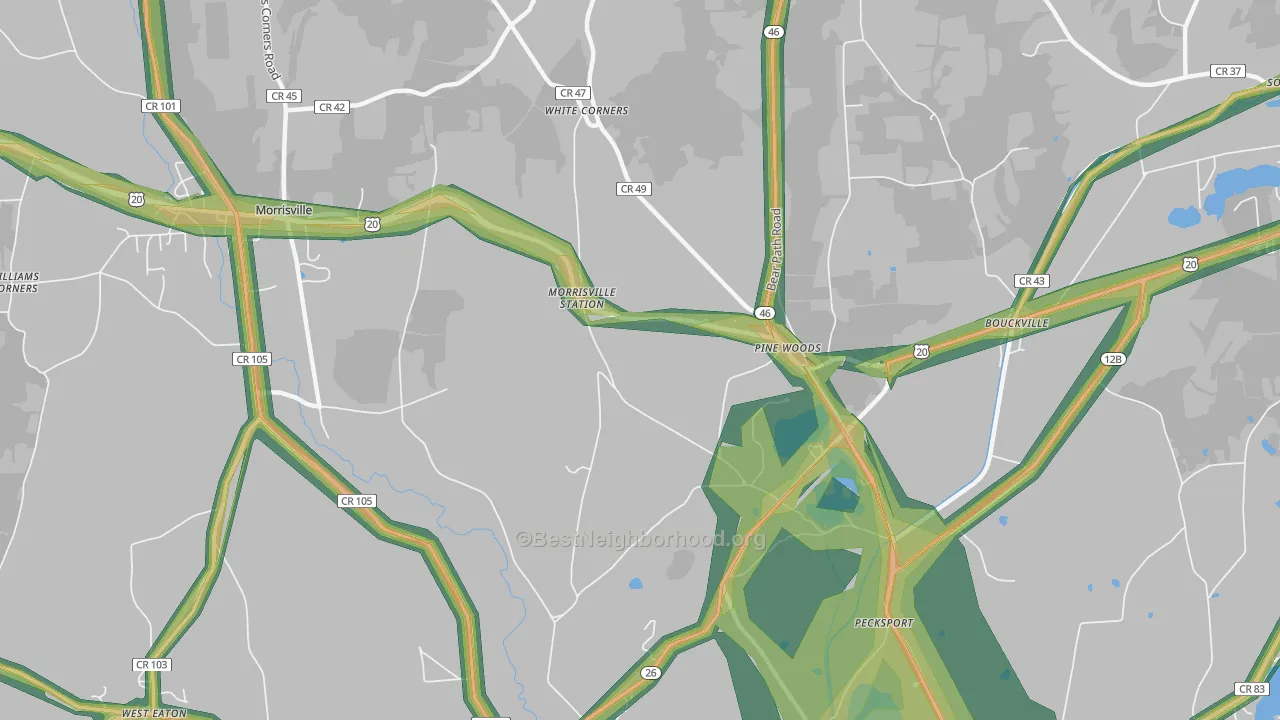 Pine Woods, NY Map of Noise Levels in Pine Woods