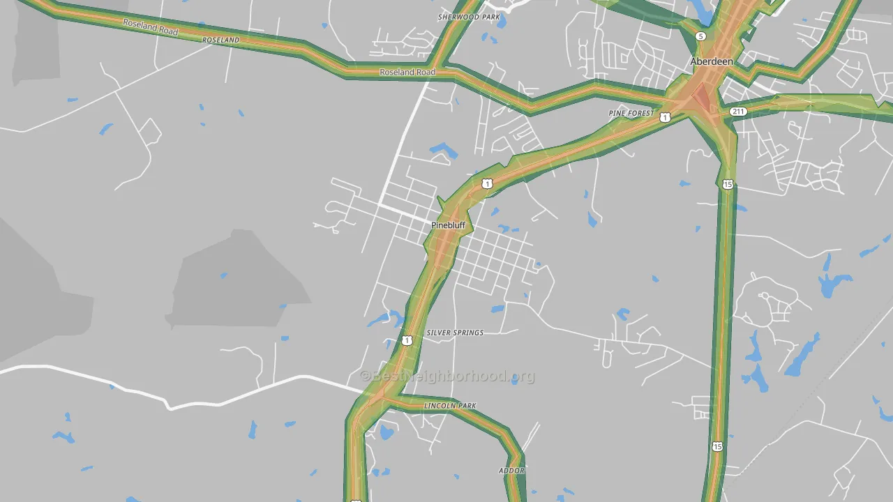 Pinebluff, NC Map of Noise Levels in Pinebluff
