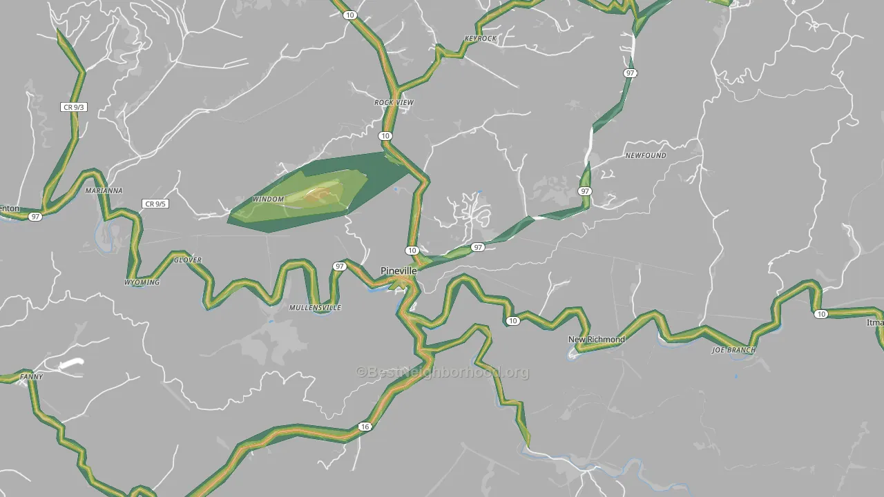 Pineville, WV Map of Noise Levels in Pineville